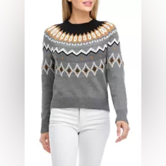 Crown and Ivy Women Sweater XL Gray Fair Isle Cabincore Fisherman Apres‎ Ski - Picture 1 of 7